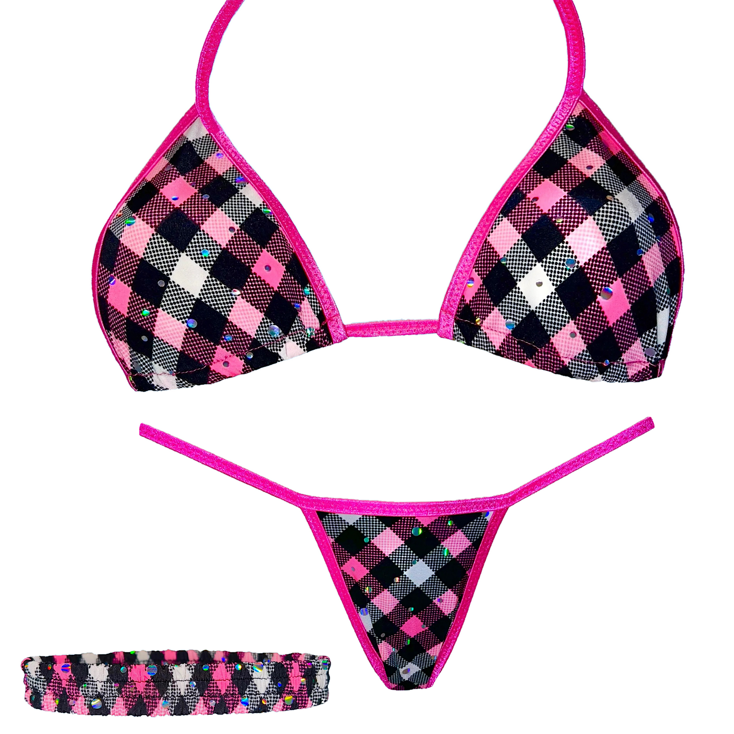 3 Piece Mini Kini & Matching Garter: Pink Checkers n' Sequins