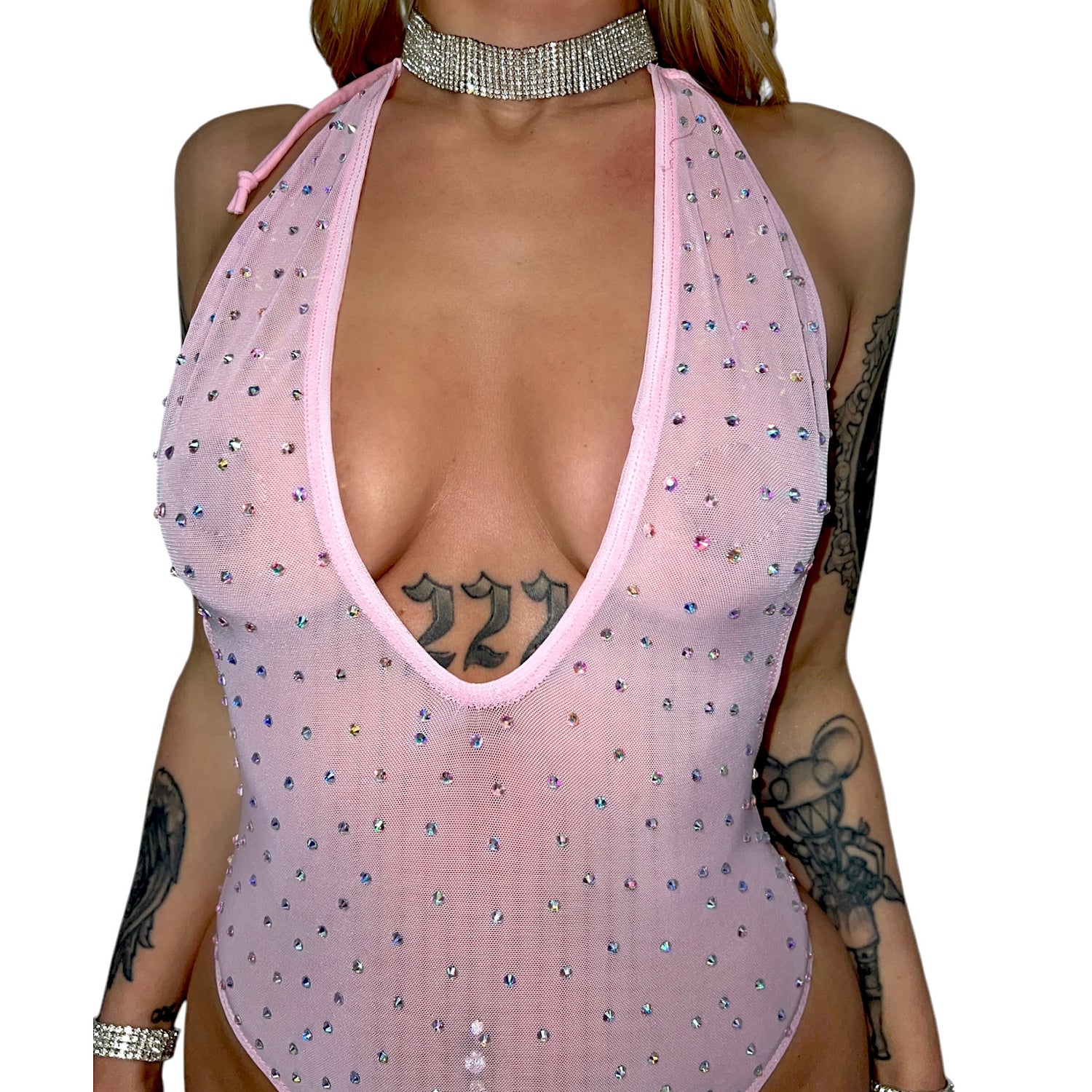 Baby Doll Bedazzled Mesh Onesie: Baby Pink