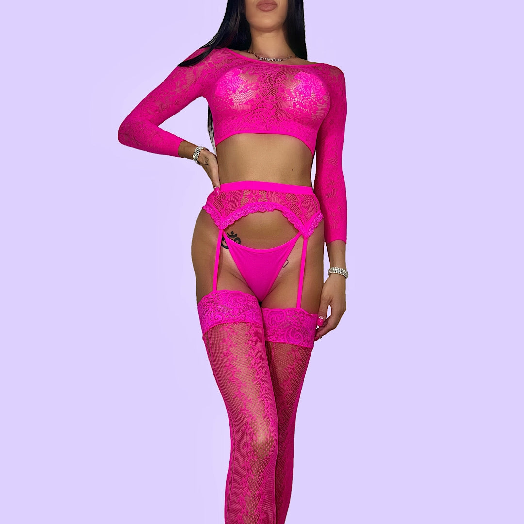 Fatal Attraction 3 Piece Mesh Set: Hot Pink