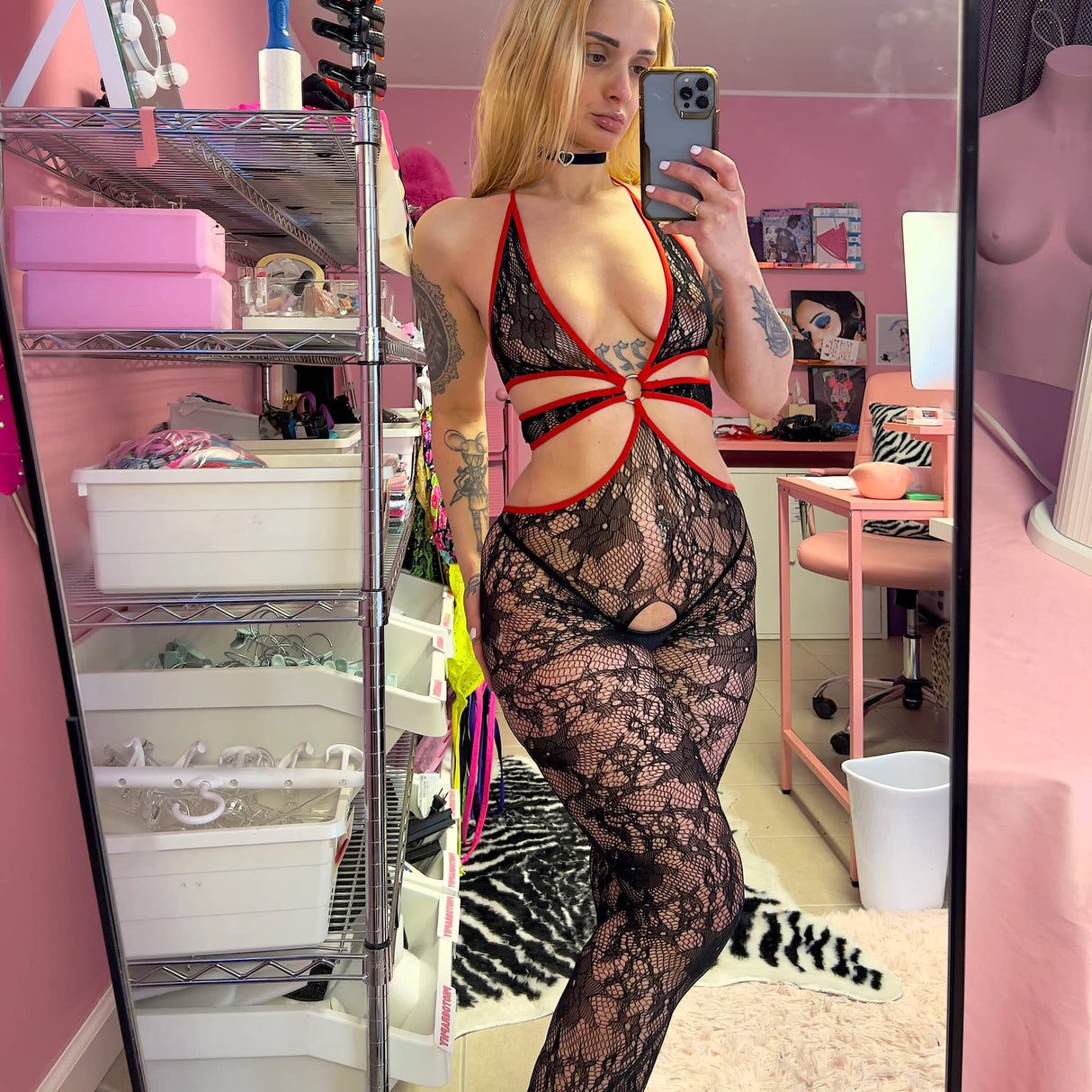 Villain Era Lace O-Ring Bodysuit: Black w. Red Trim