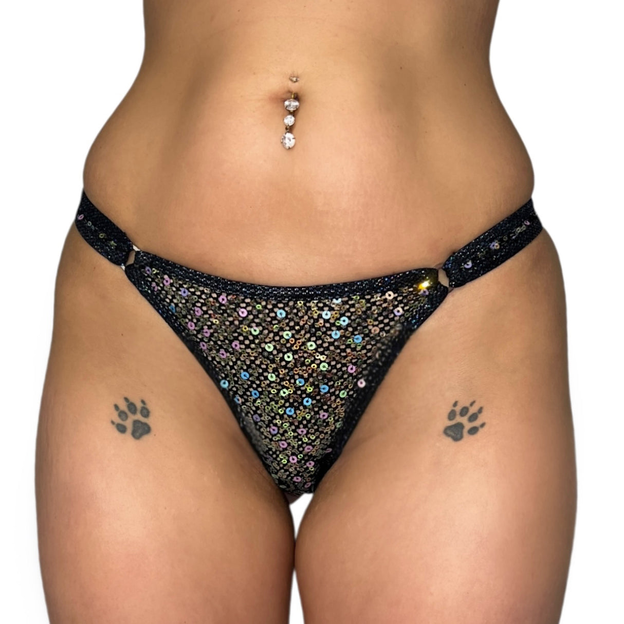 Prized Posession Sequin Fishnet Thong Set: Black