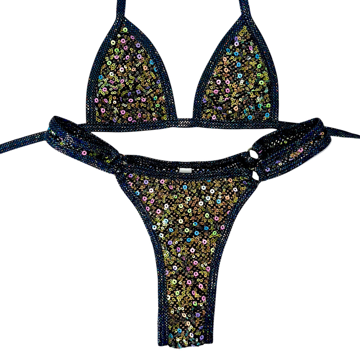 Prized Posession Sequin Fishnet Thong Set: Black