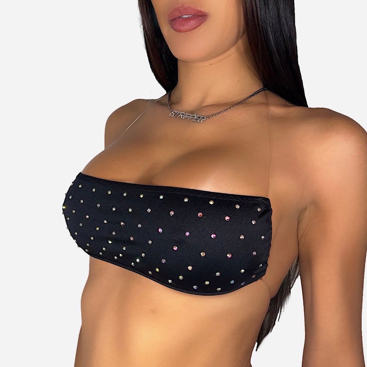 Barely There Invisible String Bandeau Set: Black Bedazzled