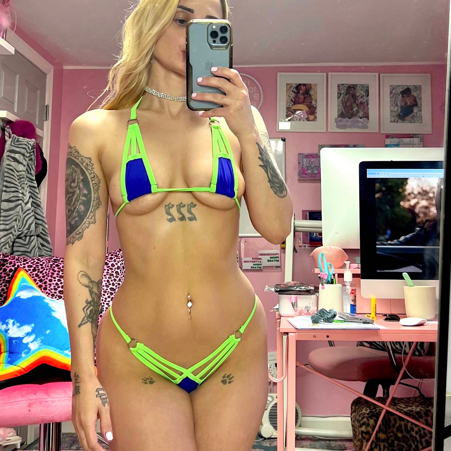 Strip Club to the Yacht Club Mini Kini: Purple & Lime Green