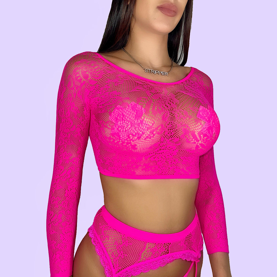 Fatal Attraction 3 Piece Mesh Set: Hot Pink