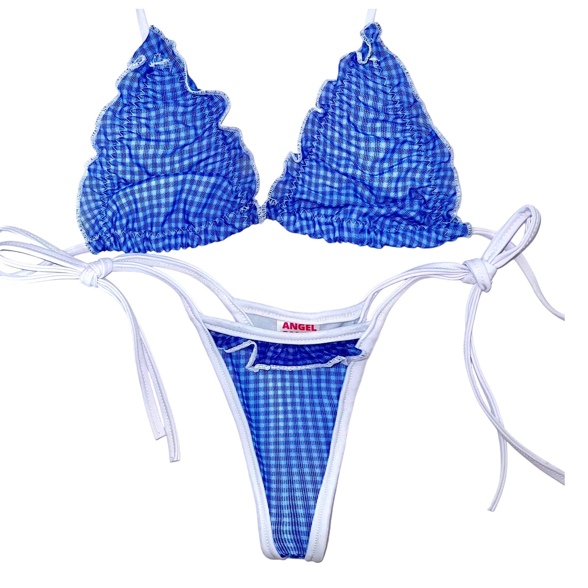 Girly Pop Frilly Trim Set: Mesh Gingham Blue & White