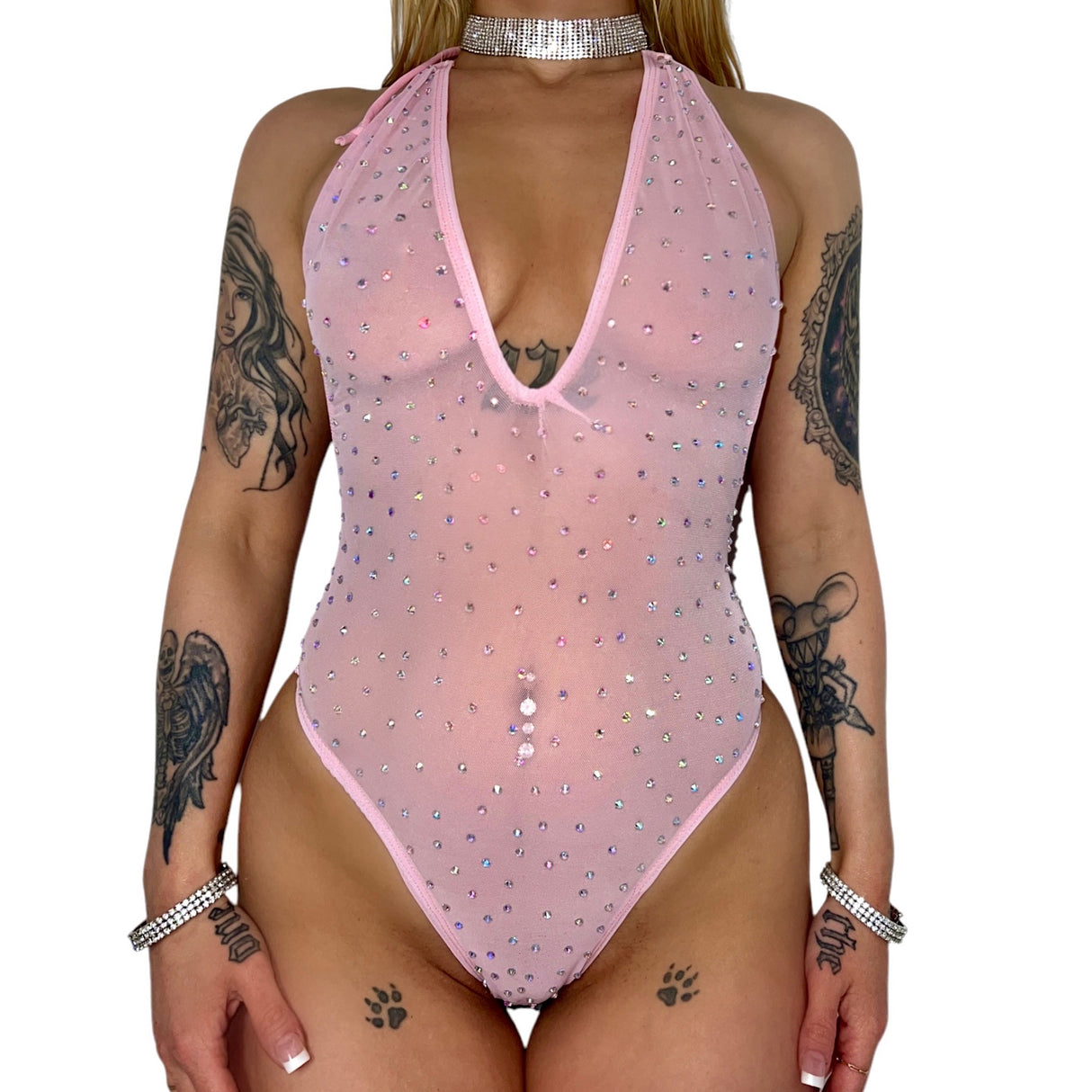 Baby Doll Bedazzled Mesh Onesie: Baby Pink