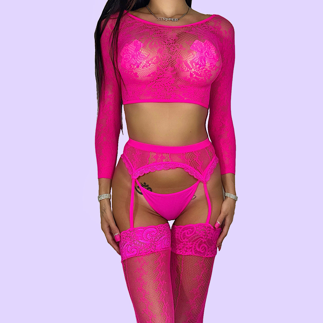 Fatal Attraction 3 Piece Mesh Set: Hot Pink