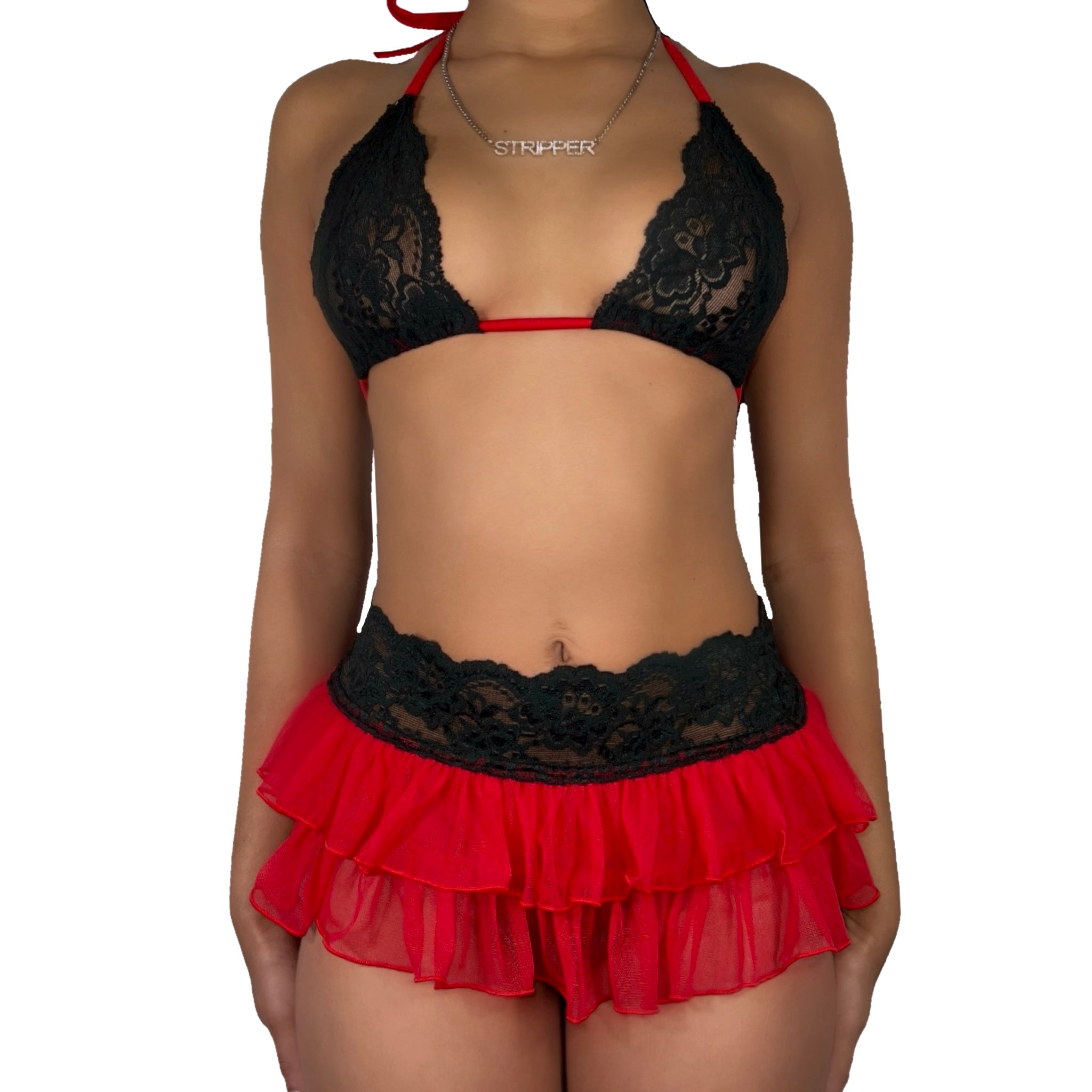 Stripper Cam Girl Sexy Lace Skirt Set: Black and Red