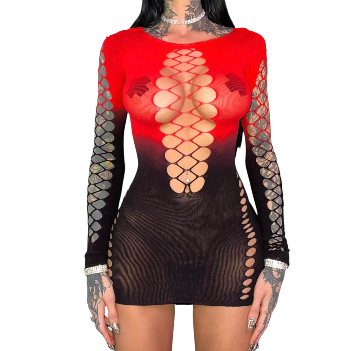 Persephone Mesh Cutouts Dress: Red n' Black Gradient