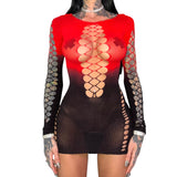 Persephone Mesh Cutouts Dress: Red n' Black Gradient