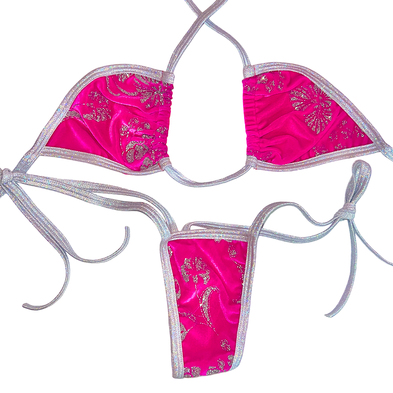 Blossom Side Tie Set: Hot Pink Velvet w. Sparkles