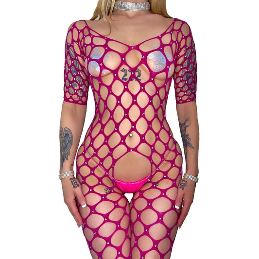 All Eyes on Me Bedazzled Net Bodysuit: Magenta Pink