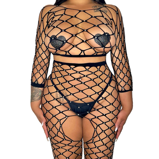 All Eyes on Me Bedazzled Net Pant Set: Black
