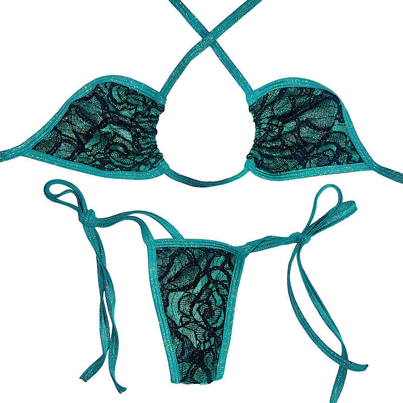 Blossom Side Tie Set: Black Lace on Sparkly Mint