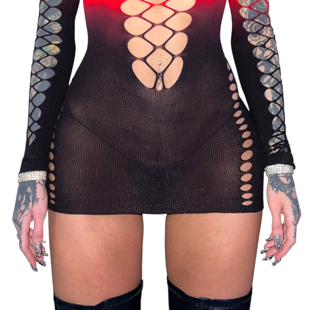 Persephone Mesh Cutouts Dress: Red n' Black Gradient