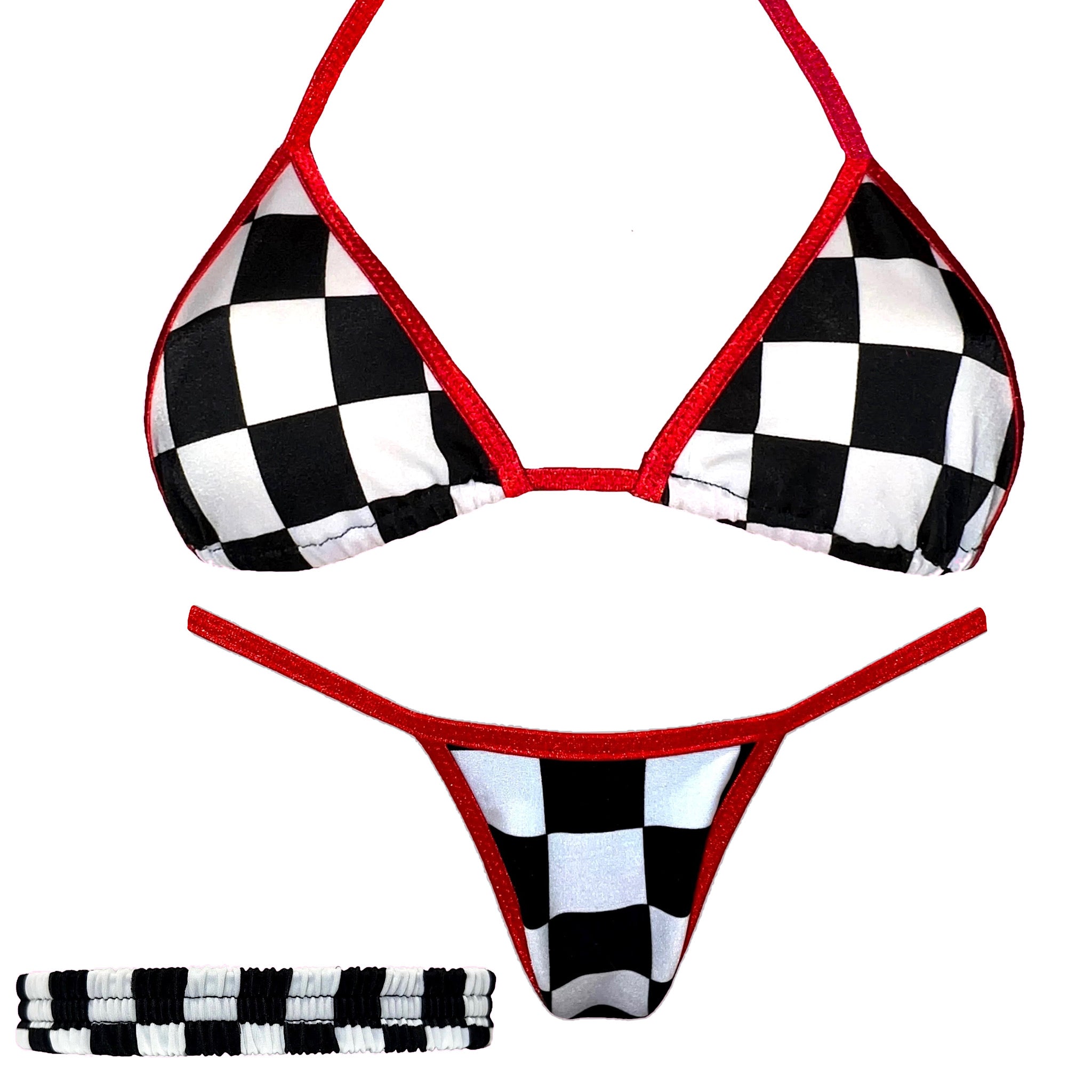 Stripper Exotic Dancer 3 Piece Set w. Garter: Checkers w. Red Trim