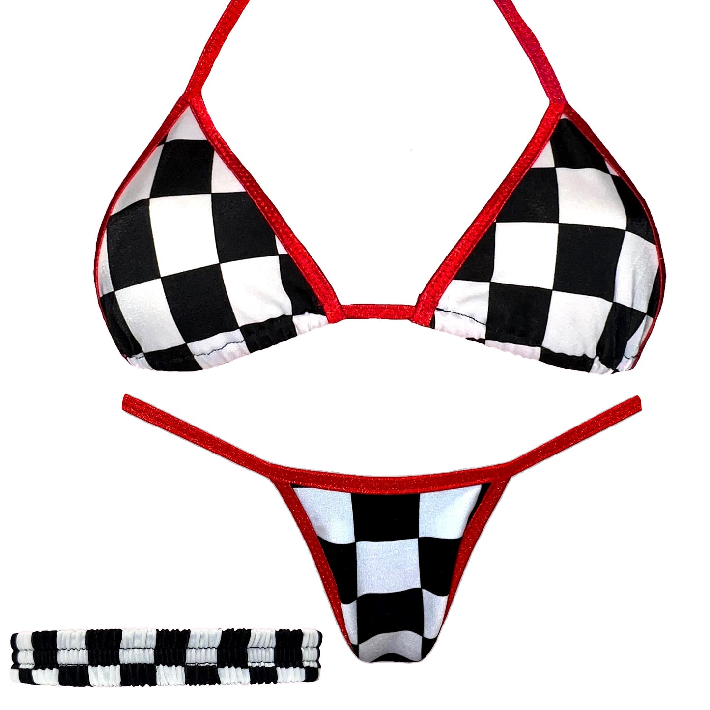 3 Piece Mini Kini & Matching Garter: MotorSport Checkers