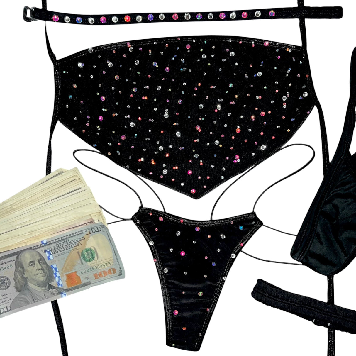 AC Bedazzled Elastic Strap Thong: Demon Time Black
