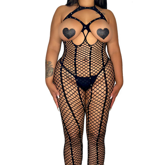 Aphrodisiac Bedazzled Net Bodysuit: Black