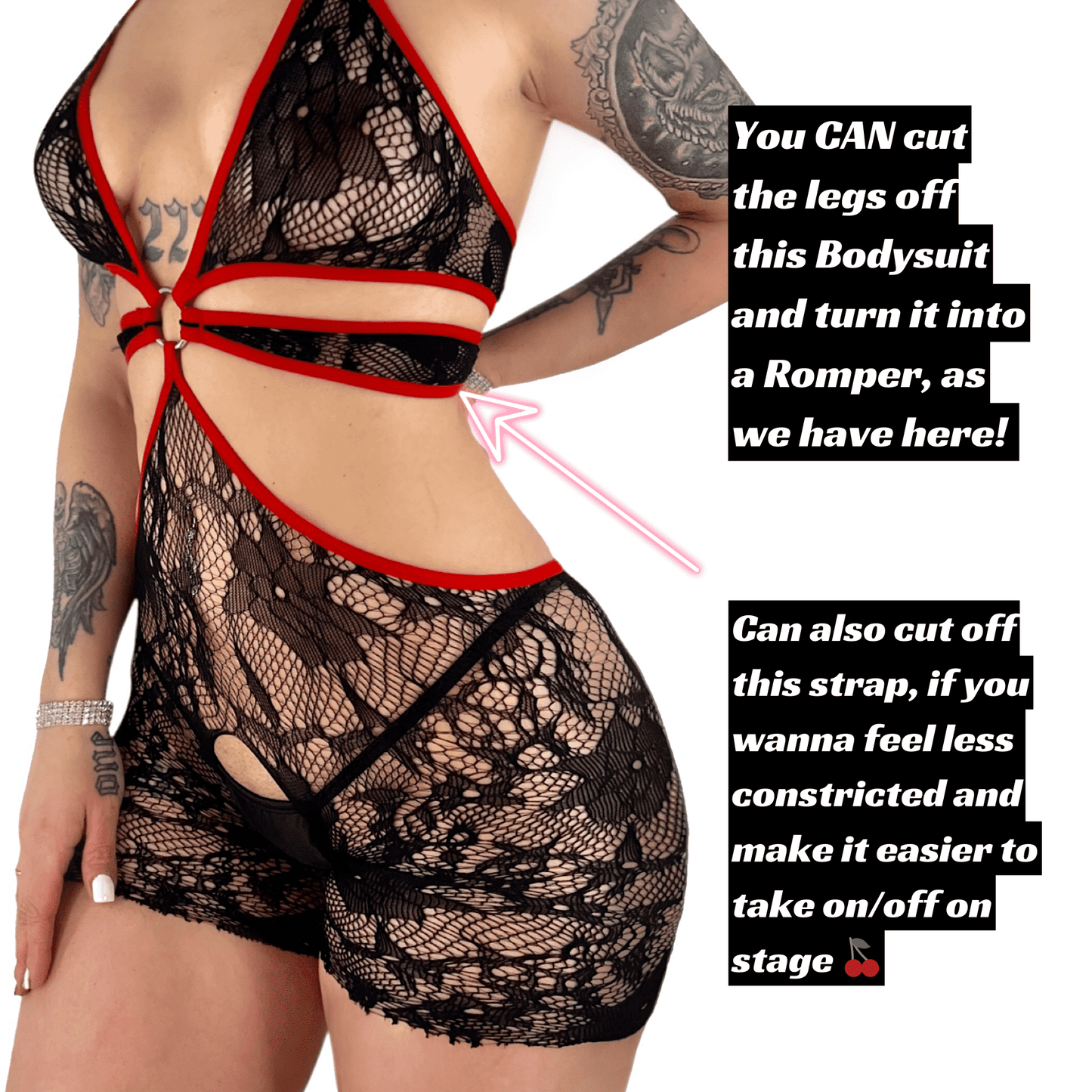 Villian Era Lace O-Ring Bodysuit: Black w. Red Trim