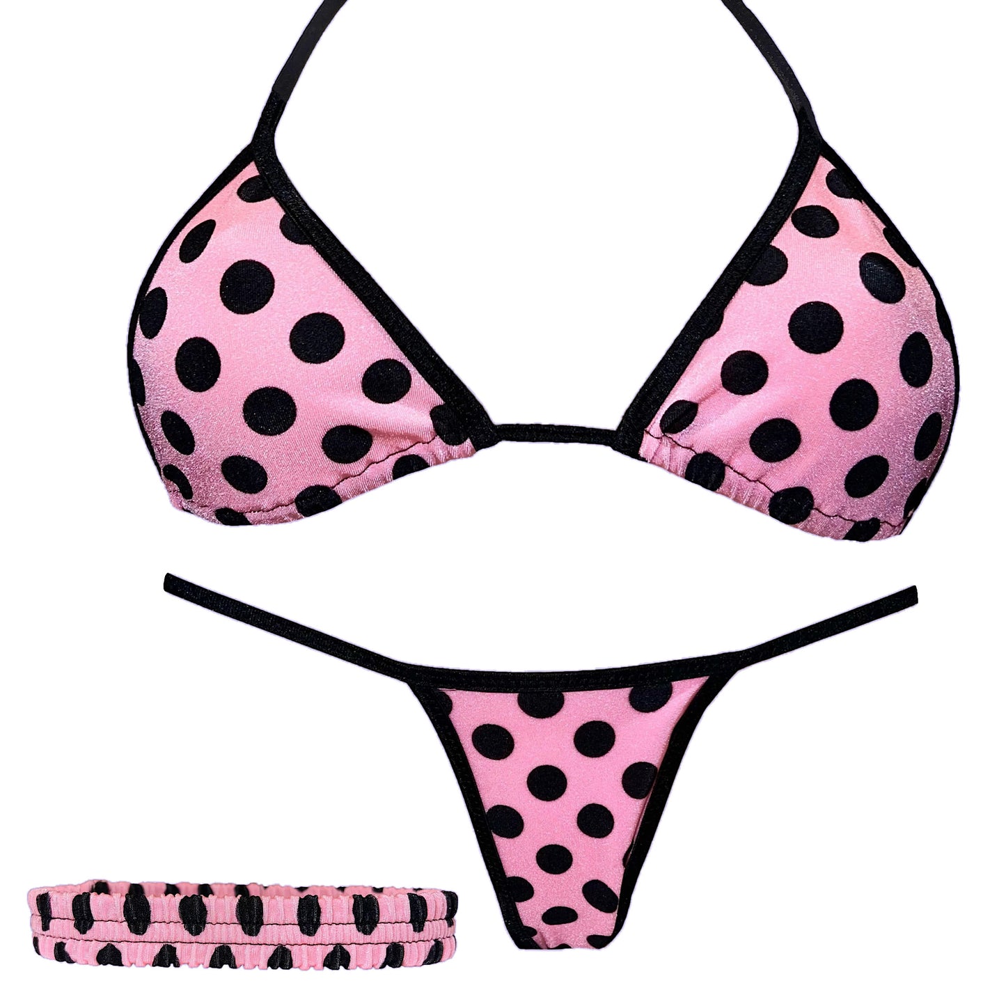 3 Piece Mini Kini & Matching Garter: Pink n' Black Polka Dots