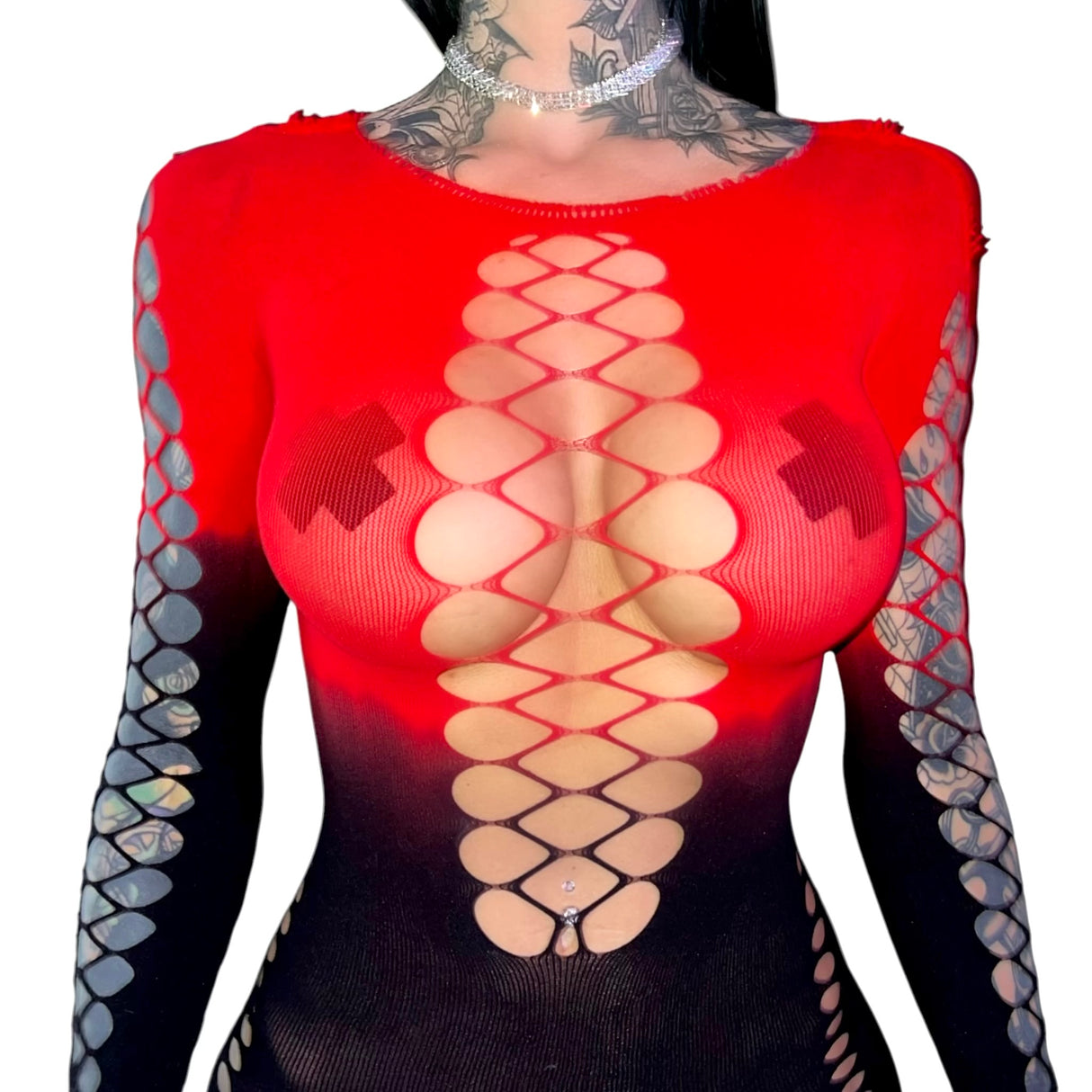 Persephone Mesh Cutouts Dress: Red n' Black Gradient