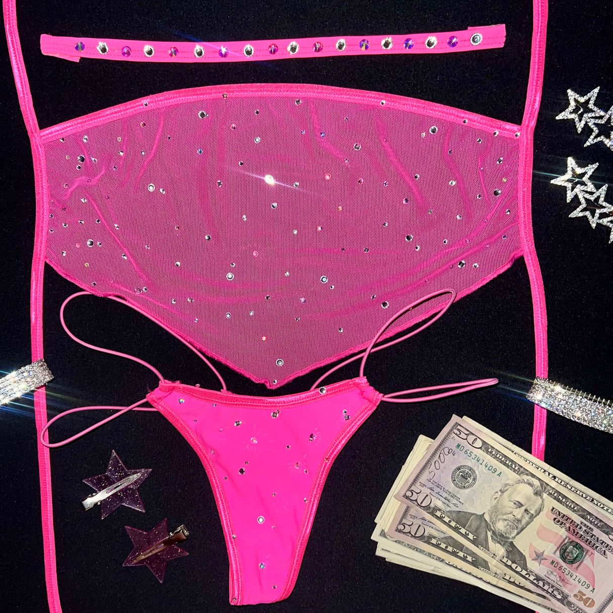 AC Bedazzled Elastic Strap Thong: Pay Me Neon Pink
