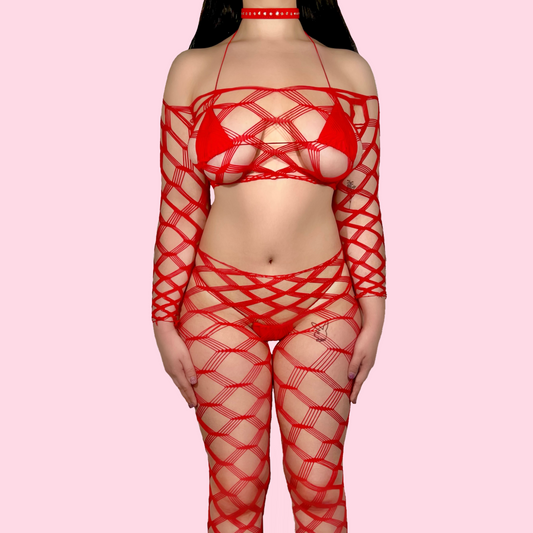 On Your Knees in Capris Net Set: Red