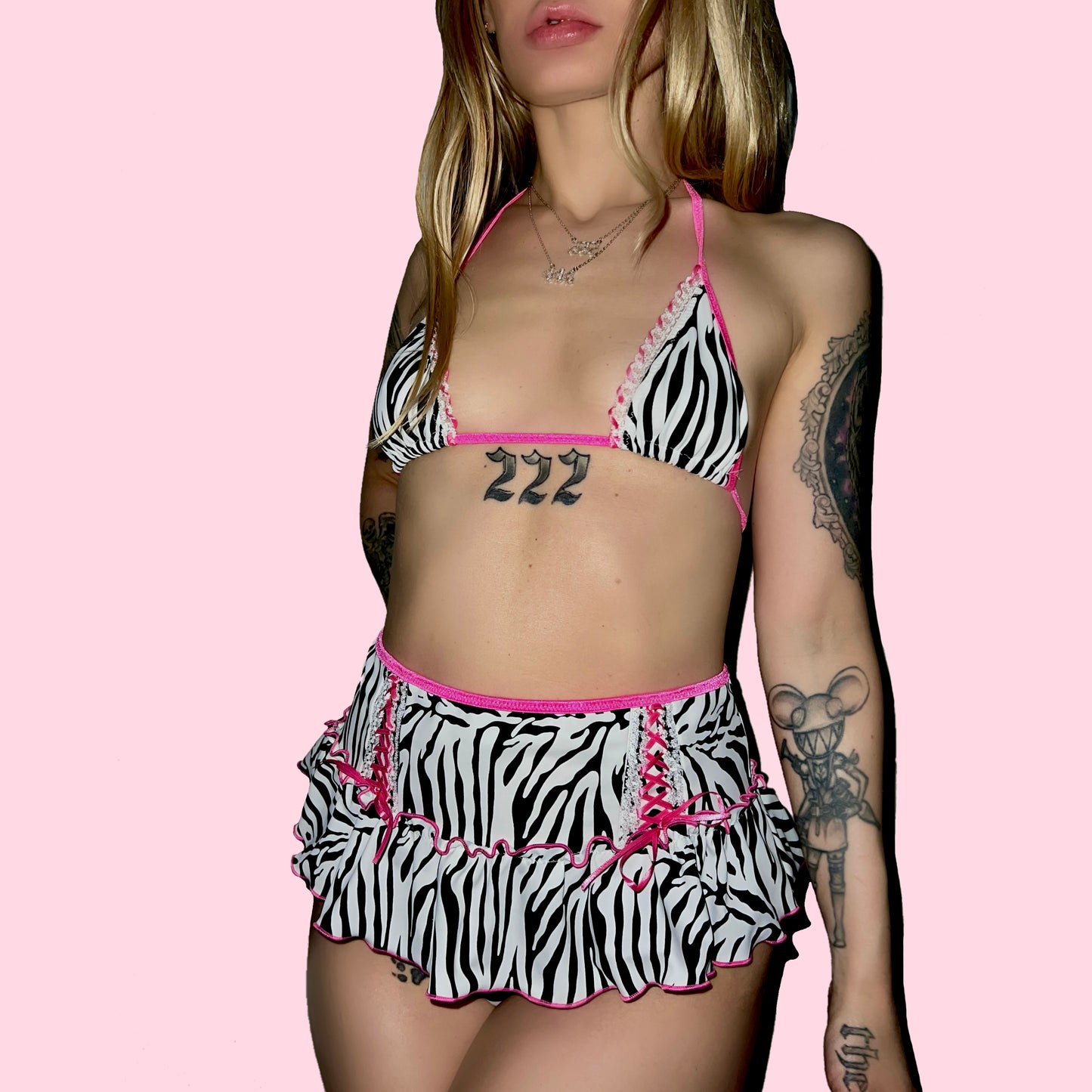 Adriana Ribbon Trim Skirt Set: Zebra n' Hot Pink