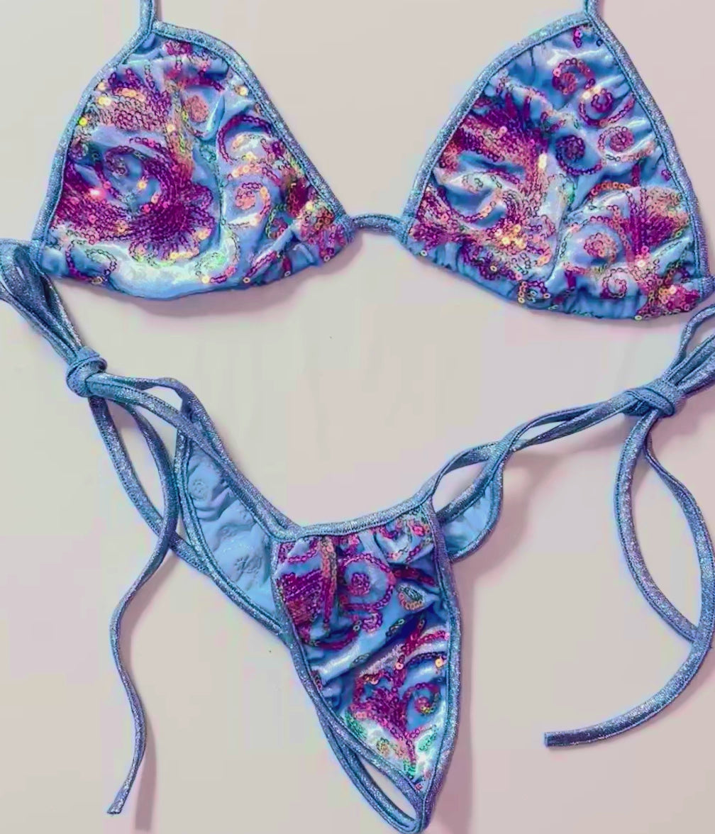 Sequin Velvet Side Tie Kini Set: Baby Blue