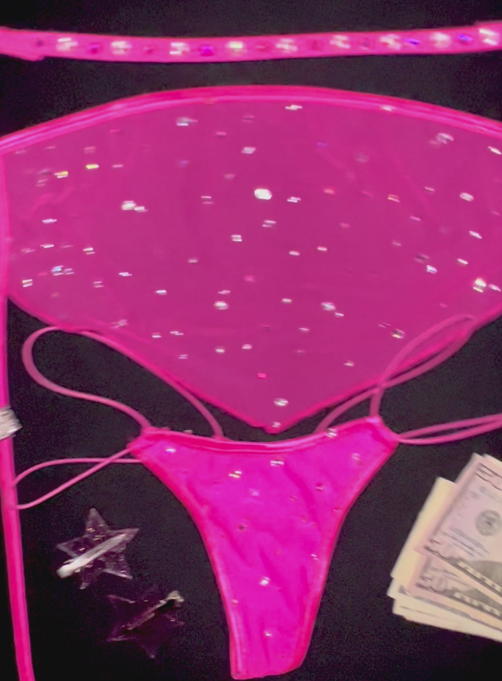 AC Bedazzled Elastic Strap Thong: Pay Me Neon Pink