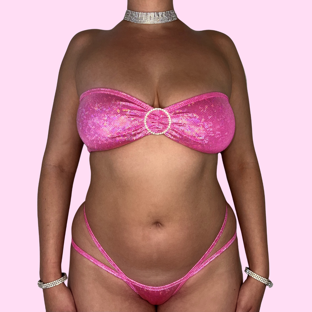 Exotic Dancer Stripper Cam Girl Bandeau Top- Sparkly Neon Pink with Diamond Buckle
