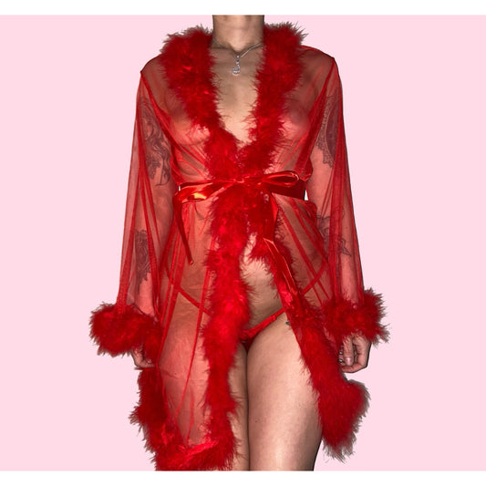 Trophy Wifey Feather Robe: Red