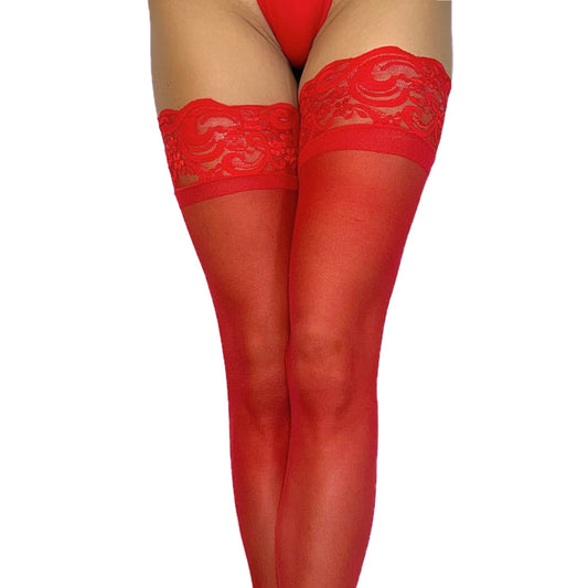 Lace Top Thigh High Stockings: Red