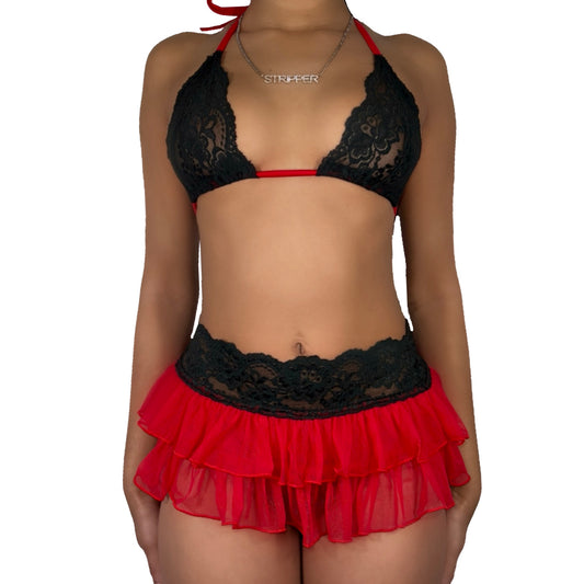Lil Ho Peep Lace Skirt Set: Black & Red