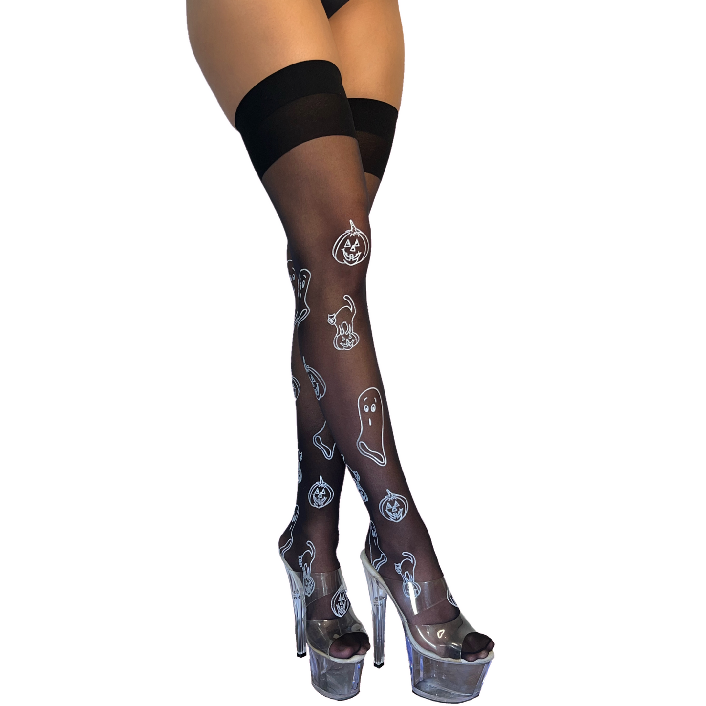 Halloween Trick or Treat Thigh High Stockings: Black